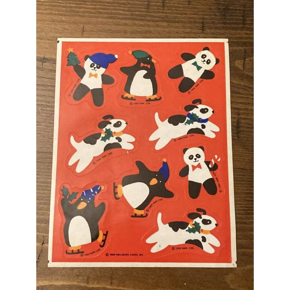 Vintage Sticker Sheet Hallmark 1989 Christmas Penguin Dog Panda 80s 1980s